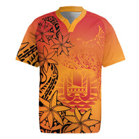 French Polynesia Manta Ray Tattoo Rugby Jersey Tahiti Hahalua Tiare Maori Gradient Style LT14 Orange - Polynesian Pride
