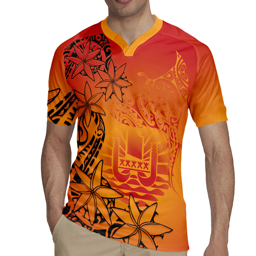 French Polynesia Manta Ray Tattoo Rugby Jersey Tahiti Hahalua Tiare Maori Gradient Style LT14 - Polynesian Pride