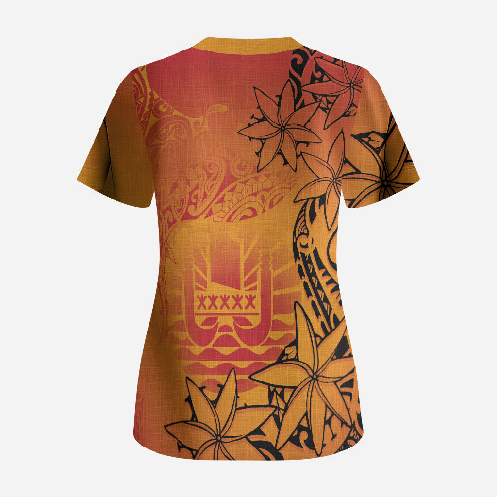 French Polynesia Manta Ray Tattoo Scrub Top Tahiti Hahalua Tiare Maori Gradient Style