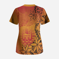 French Polynesia Manta Ray Tattoo Scrub Top Tahiti Hahalua Tiare Maori Gradient Style
