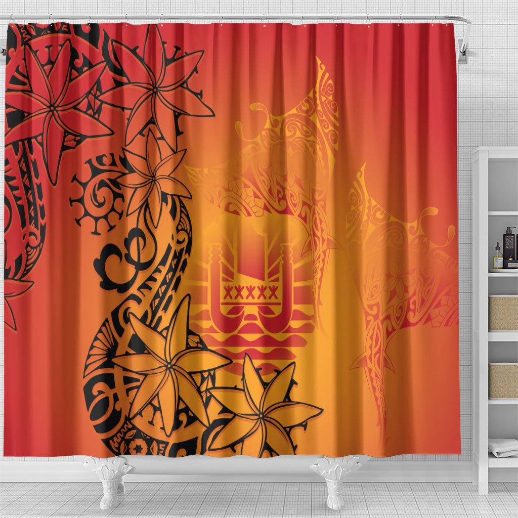 French Polynesia Manta Ray Tattoo Shower Curtain Tahiti Hahalua Tiare Maori Gradient Style
