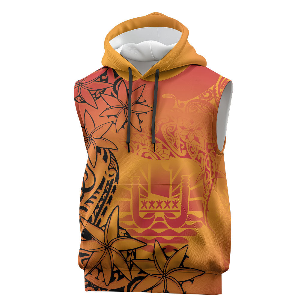 French Polynesia Manta Ray Tattoo Sleeveless Hoodie Tahiti Hahalua Tiare Maori Gradient Style LT14 Orange - Polynesian Pride