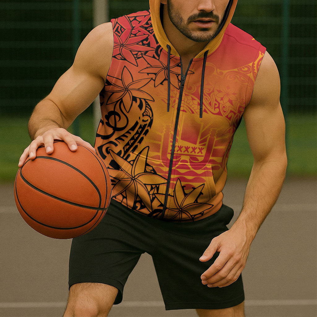 French Polynesia Manta Ray Tattoo Sleeveless Zip Hoodie Tahiti Hahalua Tiare Maori Gradient Style LT14 - Polynesian Pride