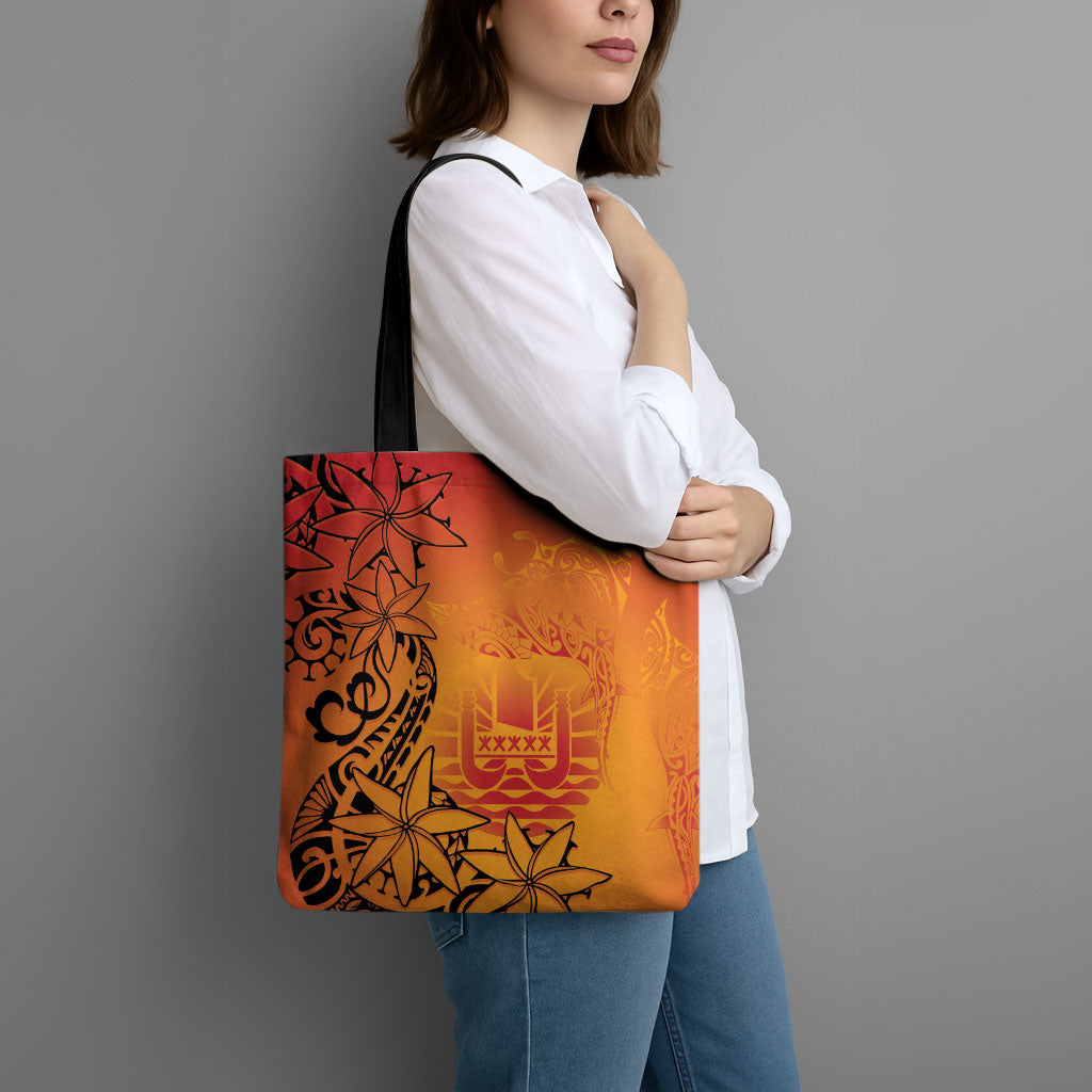 French Polynesia Manta Ray Tattoo Tote Bag Tahiti Hahalua Tiare Maori Gradient Style