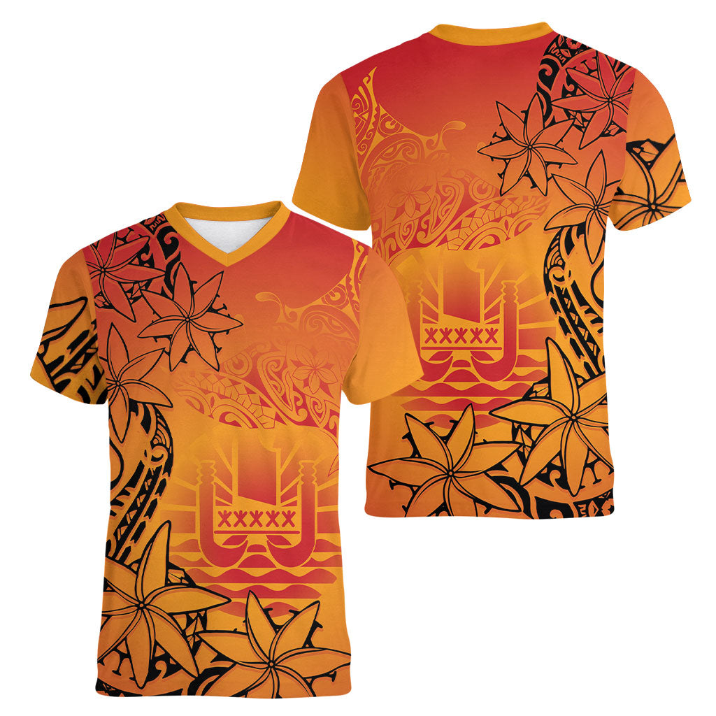 French Polynesia Manta Ray Tattoo Women V-Neck T-Shirt Tahiti Hahalua Tiare Maori Gradient Style LT14 - Polynesian Pride