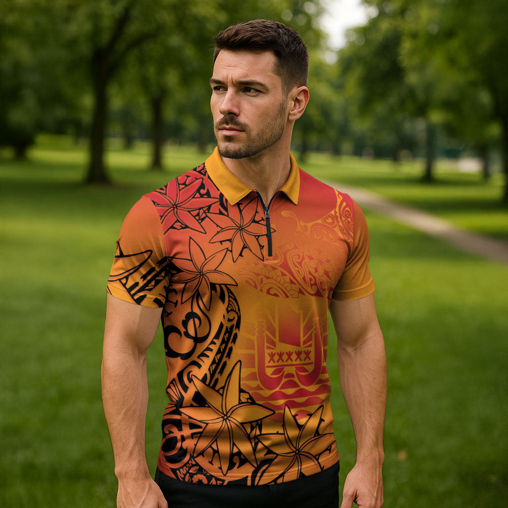 French Polynesia Manta Ray Tattoo Zipper Polo Shirt Tahiti Hahalua Tiare Maori Gradient Style LT14 - Polynesian Pride