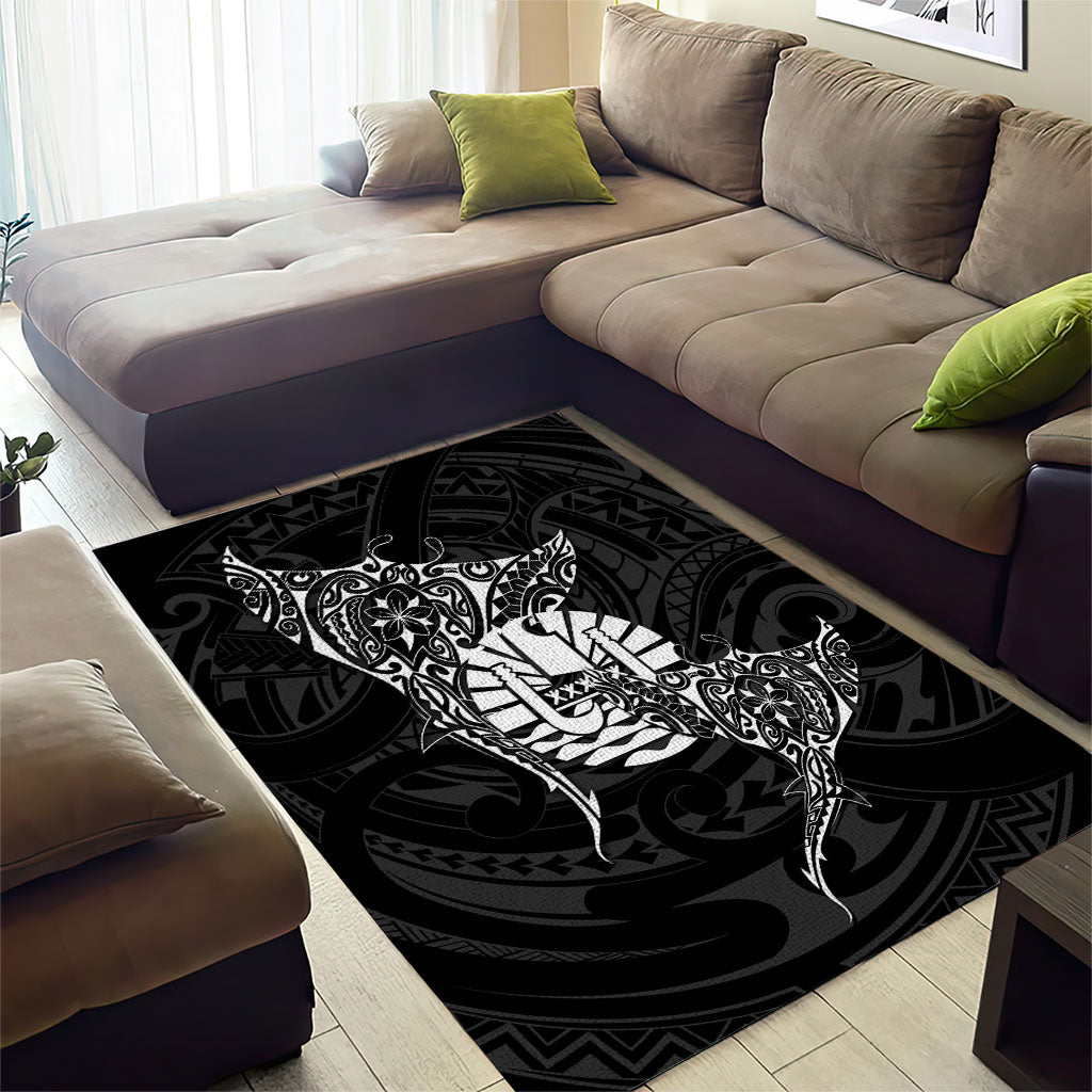 French Polynesia Manta Ray Tattoo Area Rug Tahiti Hahalua Turtle Shark Black Color