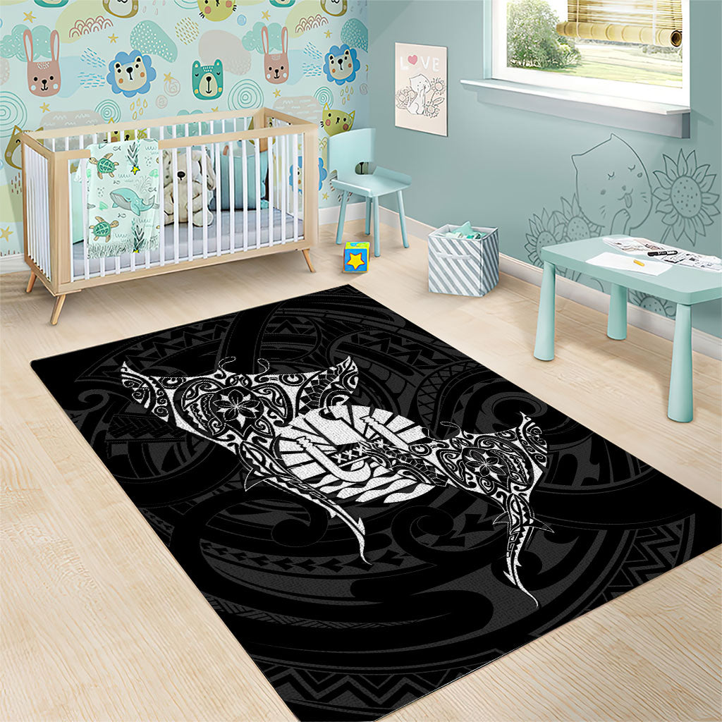 French Polynesia Manta Ray Tattoo Area Rug Tahiti Hahalua Turtle Shark Black Color