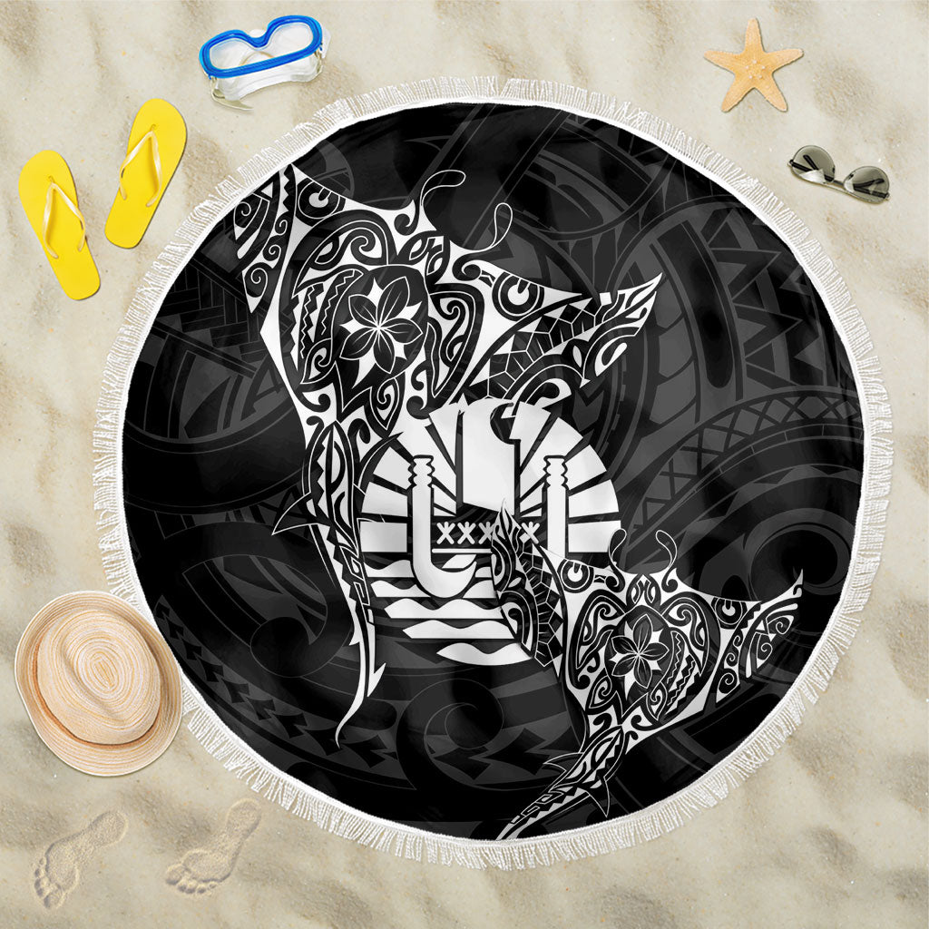 French Polynesia Manta Ray Tattoo Beach Blanket Tahiti Hahalua Turtle Shark Black Color LT14 One Size 150cm Black - Polynesian Pride