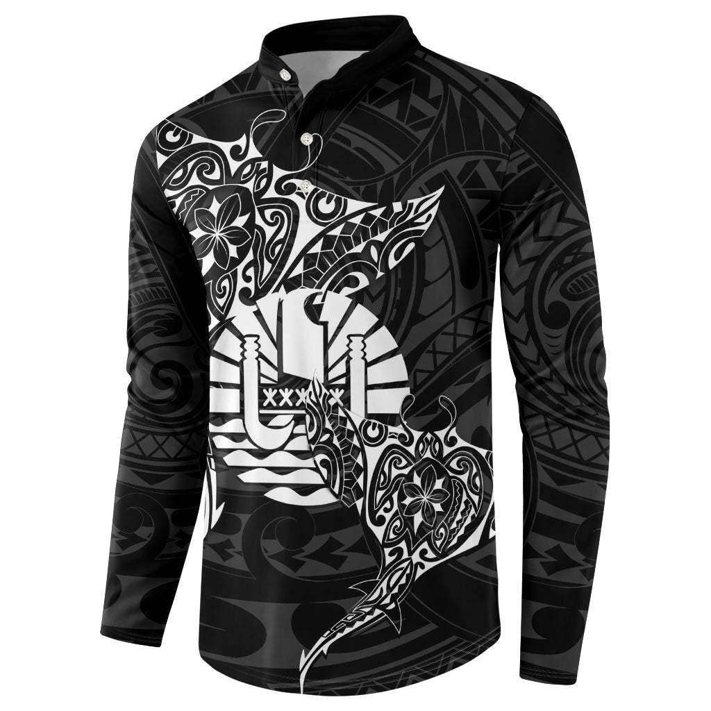 French Polynesia Manta Ray Tattoo Button Sweatshirt Tahiti Hahalua Turtle Shark Black Color