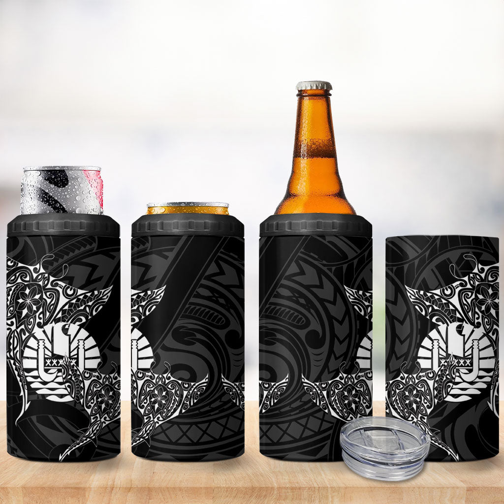 French Polynesia Manta Ray Tattoo 4 in 1 Can Cooler Tumbler Tahiti Hahalua Turtle Shark Black Color LT14 - Polynesian Pride