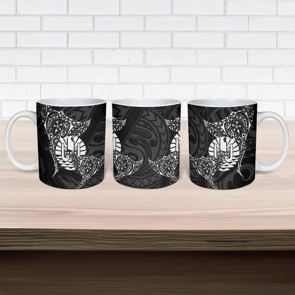 French Polynesia Manta Ray Tattoo Ceramic Mug Tahiti Hahalua Turtle Shark Black Color