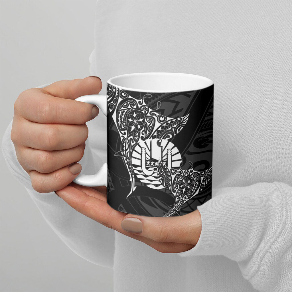 French Polynesia Manta Ray Tattoo Ceramic Mug Tahiti Hahalua Turtle Shark Black Color