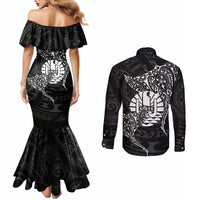 French Polynesia Manta Ray Tattoo Couples Matching Mermaid Dress and Long Sleeve Button Shirt Tahiti Hahalua Turtle Shark Black Color LT14 - Polynesian Pride