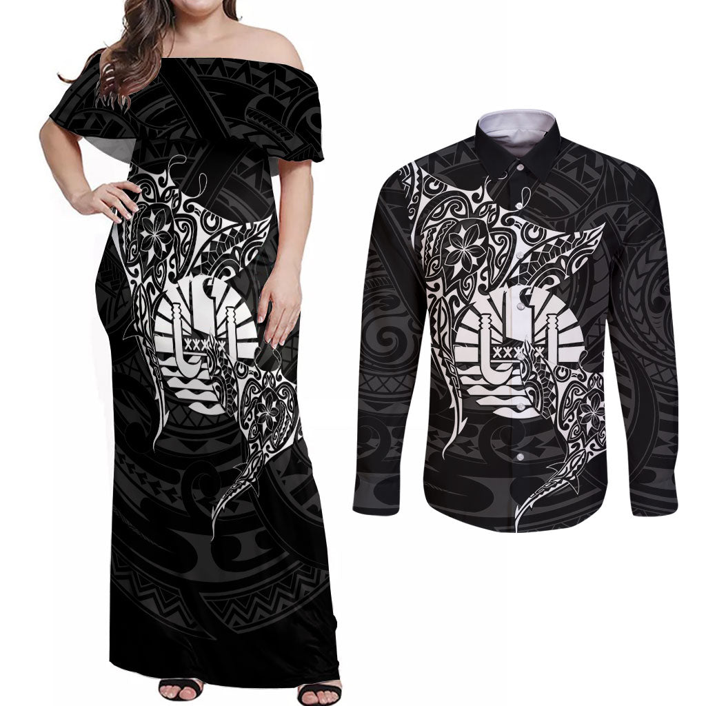 French Polynesia Manta Ray Tattoo Couples Matching Off Shoulder Maxi Dress and Long Sleeve Button Shirt Tahiti Hahalua Turtle Shark Black Color LT14 Black - Polynesian Pride