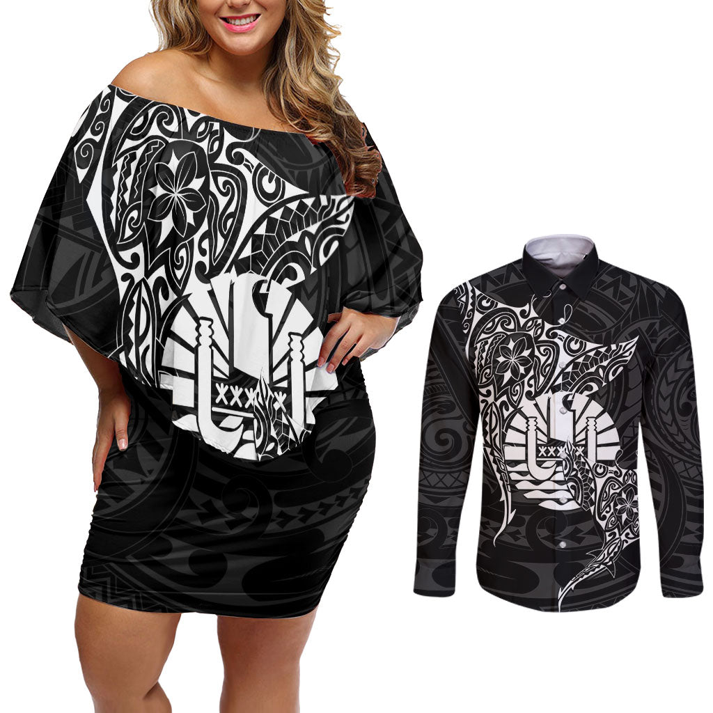 French Polynesia Manta Ray Tattoo Couples Matching Off Shoulder Short Dress and Long Sleeve Button Shirt Tahiti Hahalua Turtle Shark Black Color LT14 Black - Polynesian Pride
