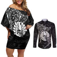 French Polynesia Manta Ray Tattoo Couples Matching Off Shoulder Short Dress and Long Sleeve Button Shirt Tahiti Hahalua Turtle Shark Black Color LT14 Black - Polynesian Pride