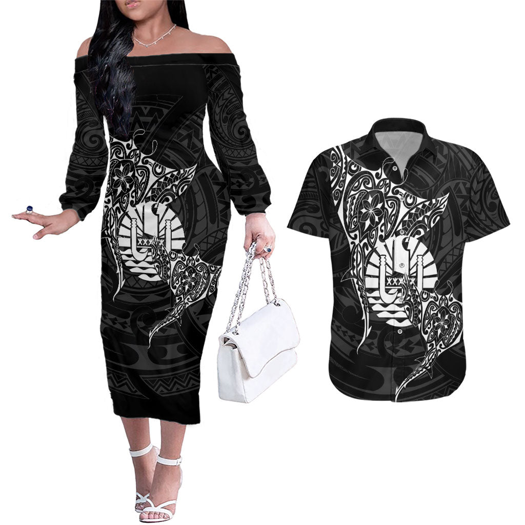 French Polynesia Manta Ray Tattoo Couples Matching Off The Shoulder Long Sleeve Dress and Hawaiian Shirt Tahiti Hahalua Turtle Shark Black Color LT14 Black - Polynesian Pride