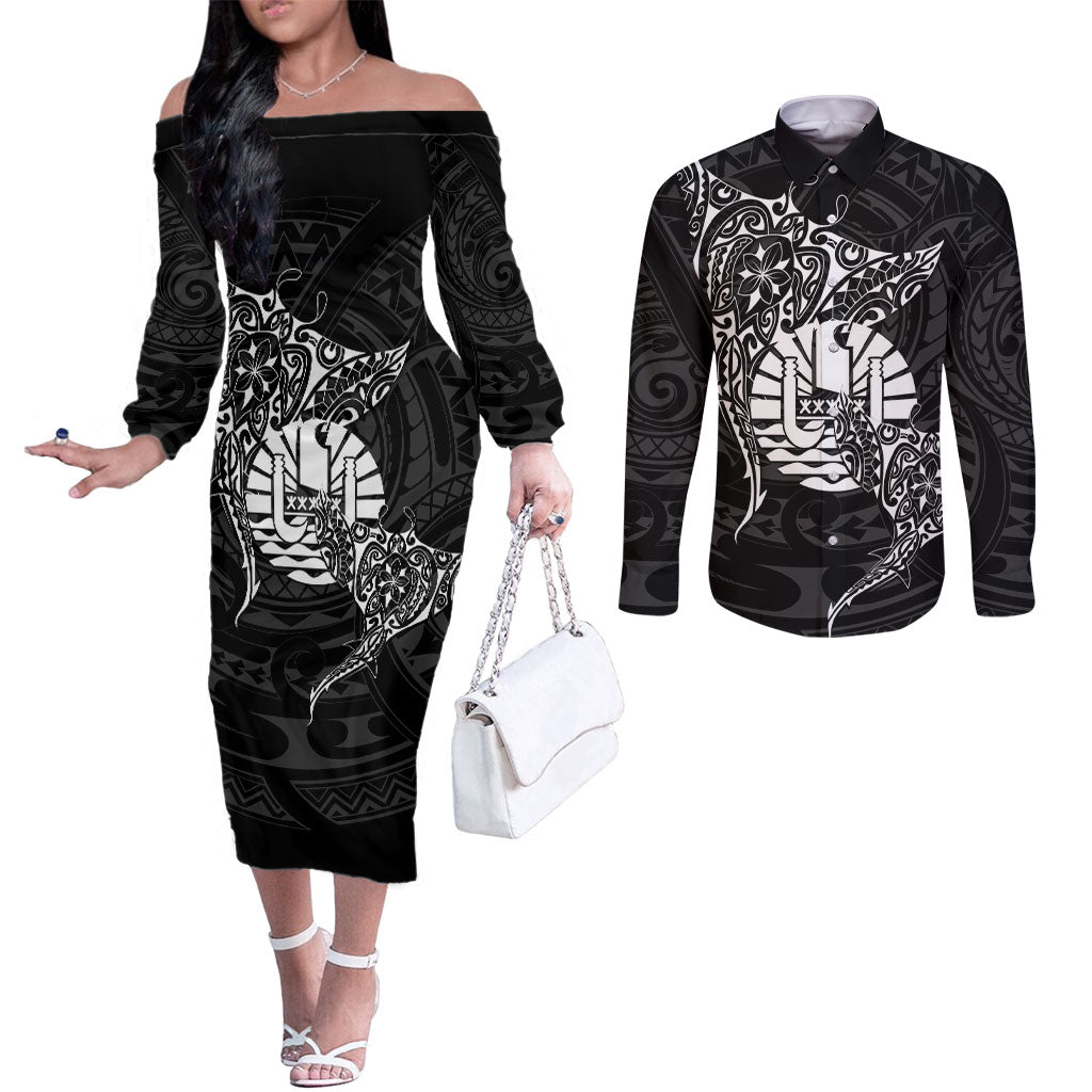 French Polynesia Manta Ray Tattoo Couples Matching Off The Shoulder Long Sleeve Dress and Long Sleeve Button Shirt Tahiti Hahalua Turtle Shark Black Color LT14 Black - Polynesian Pride