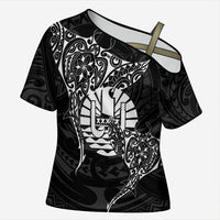 French Polynesia Manta Ray Tattoo Cross Shoulder Shirt Tahiti Hahalua Turtle Shark Black Color