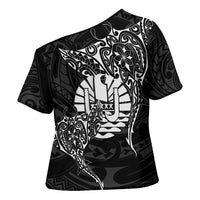 French Polynesia Manta Ray Tattoo Cross Shoulder Shirt Tahiti Hahalua Turtle Shark Black Color