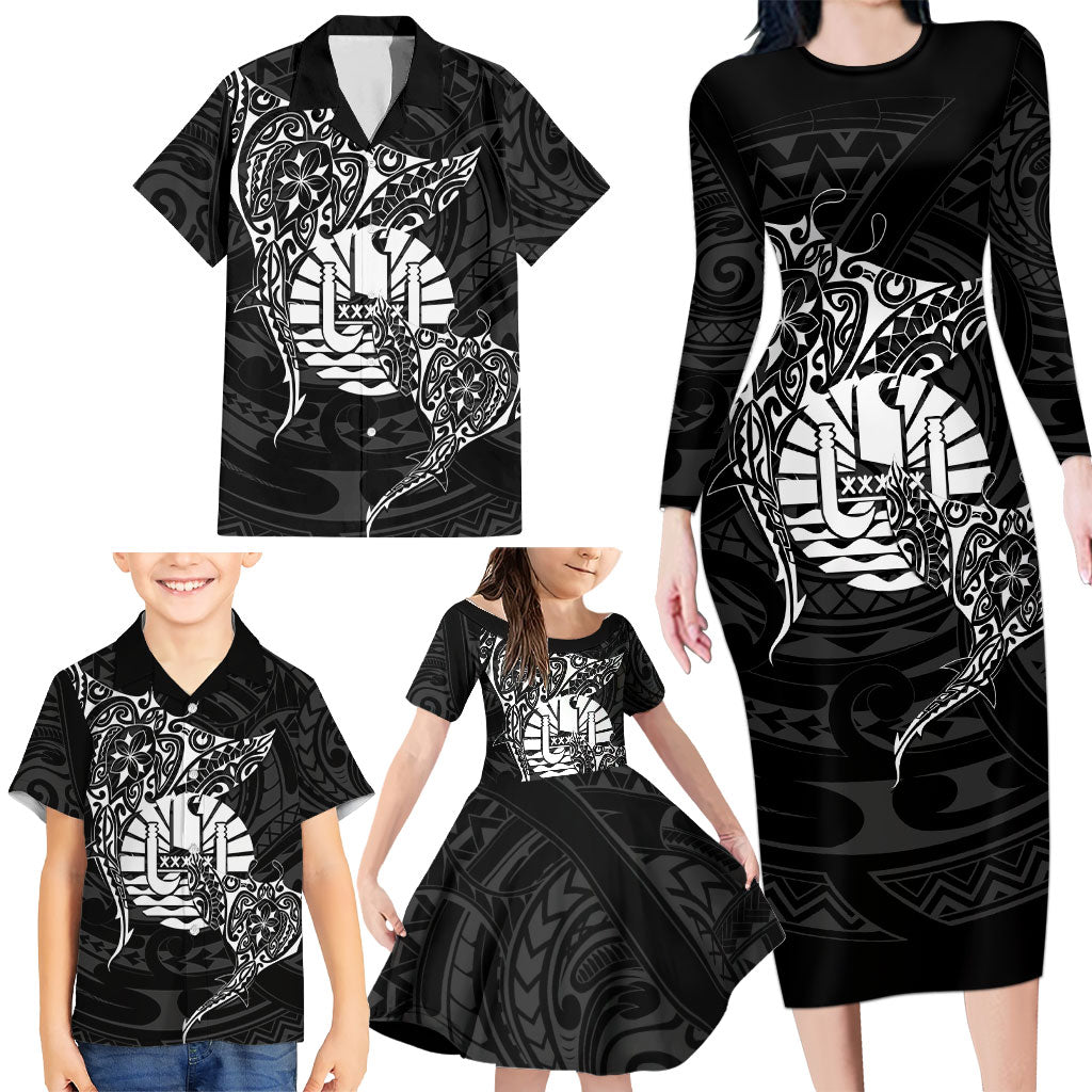French Polynesia Manta Ray Tattoo Family Matching Long Sleeve Bodycon Dress and Hawaiian Shirt Tahiti Hahalua Turtle Shark Black Color LT14 - Polynesian Pride