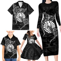 French Polynesia Manta Ray Tattoo Family Matching Long Sleeve Bodycon Dress and Hawaiian Shirt Tahiti Hahalua Turtle Shark Black Color LT14 - Polynesian Pride