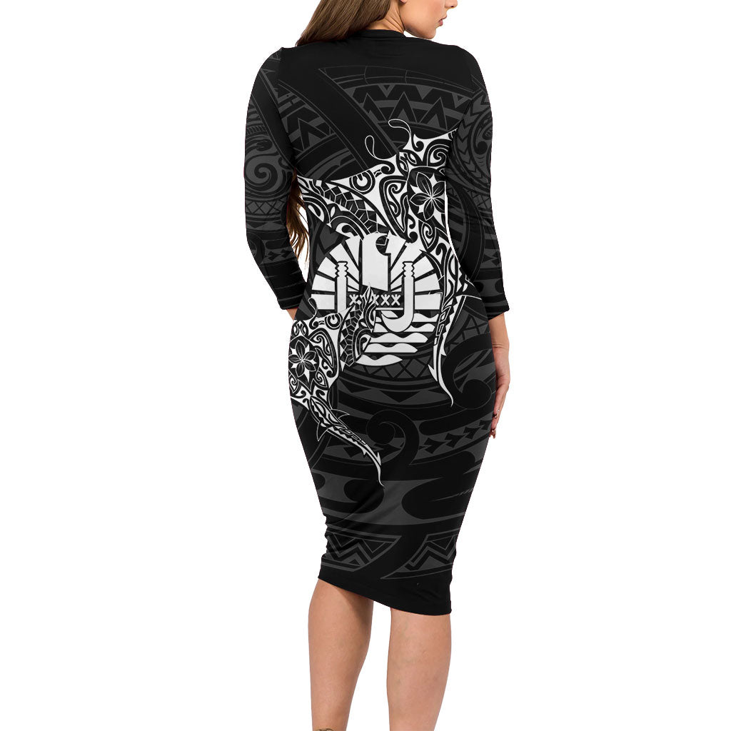 French Polynesia Manta Ray Tattoo Family Matching Long Sleeve Bodycon Dress and Hawaiian Shirt Tahiti Hahalua Turtle Shark Black Color LT14 - Polynesian Pride