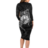 French Polynesia Manta Ray Tattoo Family Matching Long Sleeve Bodycon Dress and Hawaiian Shirt Tahiti Hahalua Turtle Shark Black Color LT14 - Polynesian Pride