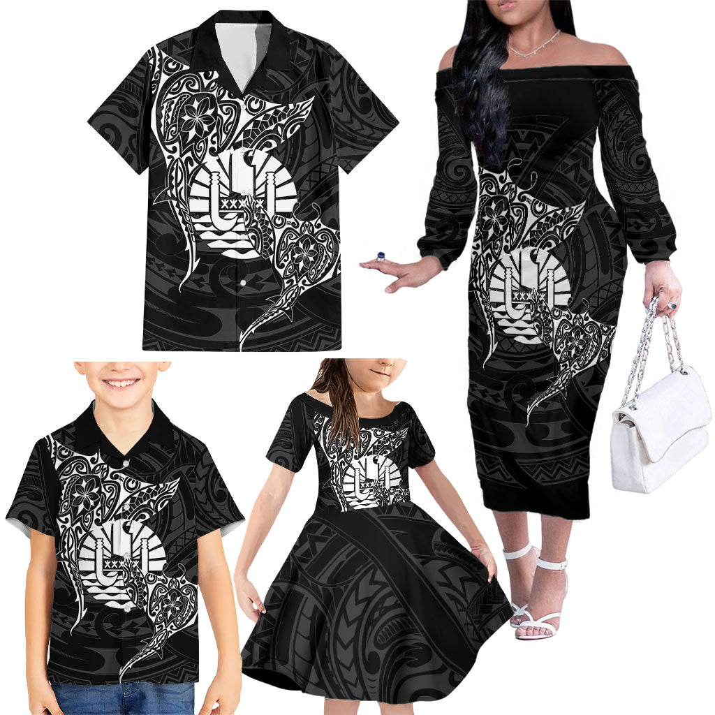 French Polynesia Manta Ray Tattoo Family Matching Off The Shoulder Long Sleeve Dress and Hawaiian Shirt Tahiti Hahalua Turtle Shark Black Color LT14 - Polynesian Pride