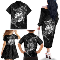 French Polynesia Manta Ray Tattoo Family Matching Off The Shoulder Long Sleeve Dress and Hawaiian Shirt Tahiti Hahalua Turtle Shark Black Color LT14 - Polynesian Pride