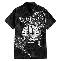 French Polynesia Manta Ray Tattoo Family Matching Off The Shoulder Long Sleeve Dress and Hawaiian Shirt Tahiti Hahalua Turtle Shark Black Color LT14 - Polynesian Pride