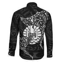 French Polynesia Manta Ray Tattoo Family Matching Off The Shoulder Long Sleeve Dress and Hawaiian Shirt Tahiti Hahalua Turtle Shark Black Color LT14 - Polynesian Pride