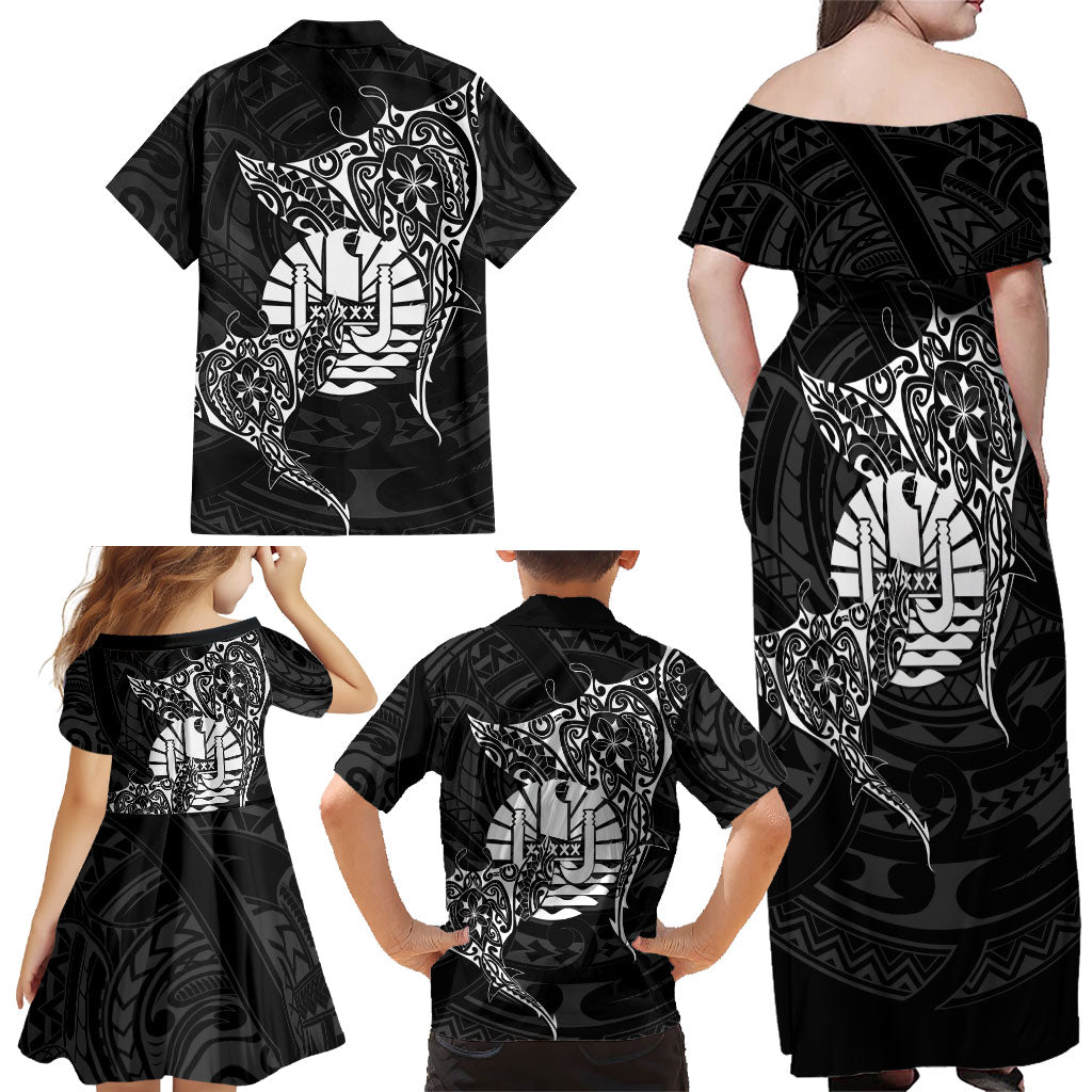 French Polynesia Manta Ray Tattoo Family Matching Off Shoulder Maxi Dress and Hawaiian Shirt Tahiti Hahalua Turtle Shark Black Color LT14 - Polynesian Pride