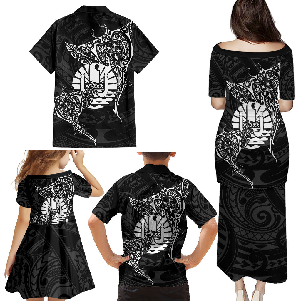 French Polynesia Manta Ray Tattoo Family Matching Puletasi and Hawaiian Shirt Tahiti Hahalua Turtle Shark Black Color LT14 - Polynesian Pride