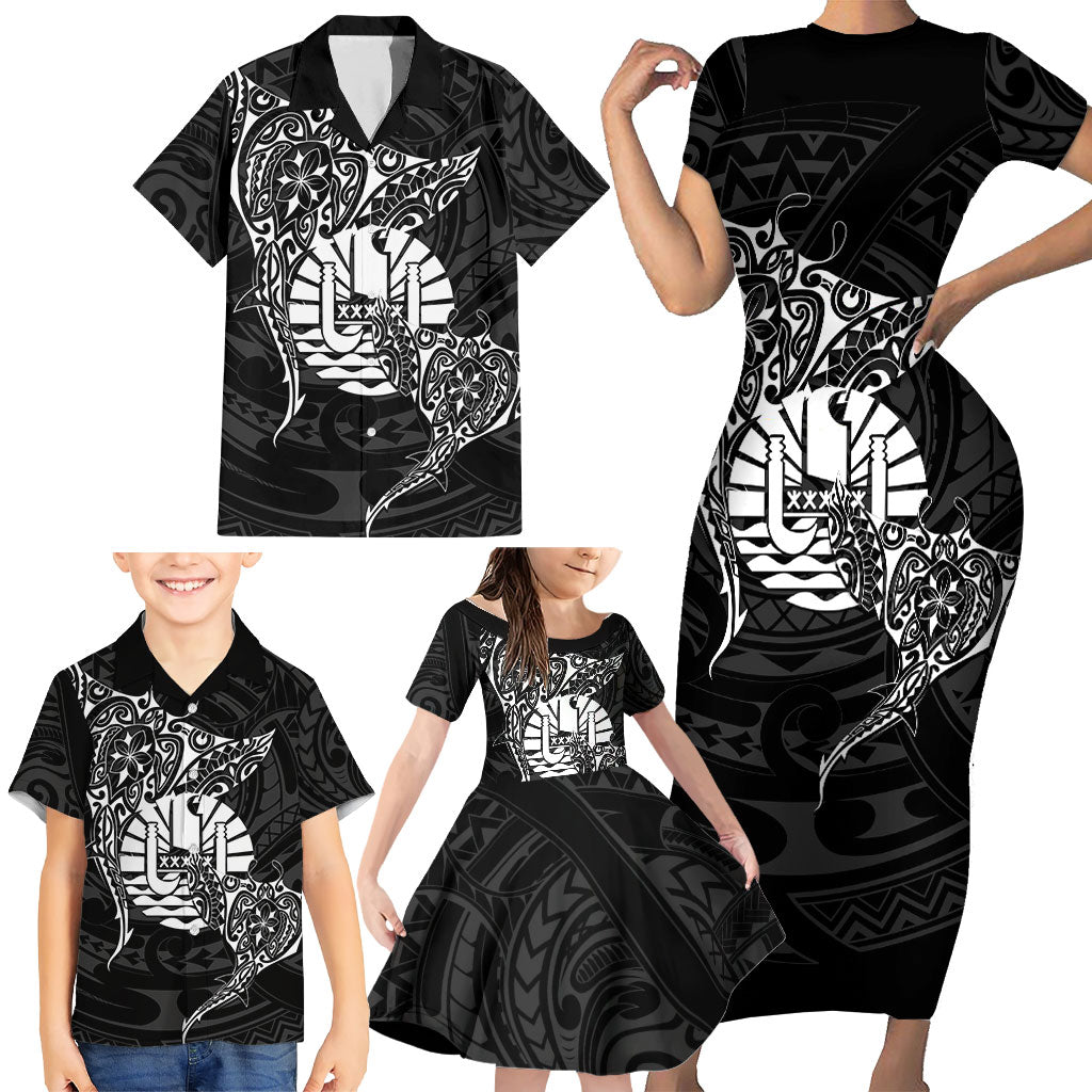 French Polynesia Manta Ray Tattoo Family Matching Short Sleeve Bodycon Dress and Hawaiian Shirt Tahiti Hahalua Turtle Shark Black Color LT14 - Polynesian Pride