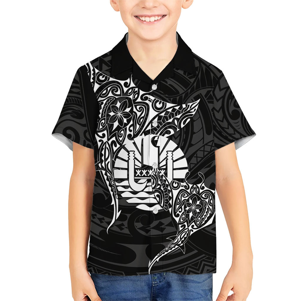 French Polynesia Manta Ray Tattoo Family Matching Short Sleeve Bodycon Dress and Hawaiian Shirt Tahiti Hahalua Turtle Shark Black Color LT14 Son's Shirt Black - Polynesian Pride
