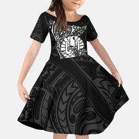 French Polynesia Manta Ray Tattoo Family Matching Summer Maxi Dress and Hawaiian Shirt Tahiti Hahalua Turtle Shark Black Color LT14 Daughter's Dress Black - Polynesian Pride