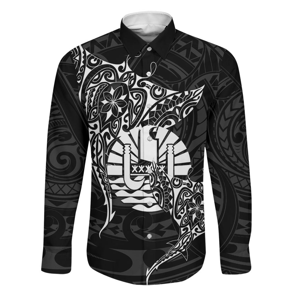 French Polynesia Manta Ray Tattoo Family Matching Summer Maxi Dress and Hawaiian Shirt Tahiti Hahalua Turtle Shark Black Color LT14 Dad's Shirt - Long Sleeve Black - Polynesian Pride
