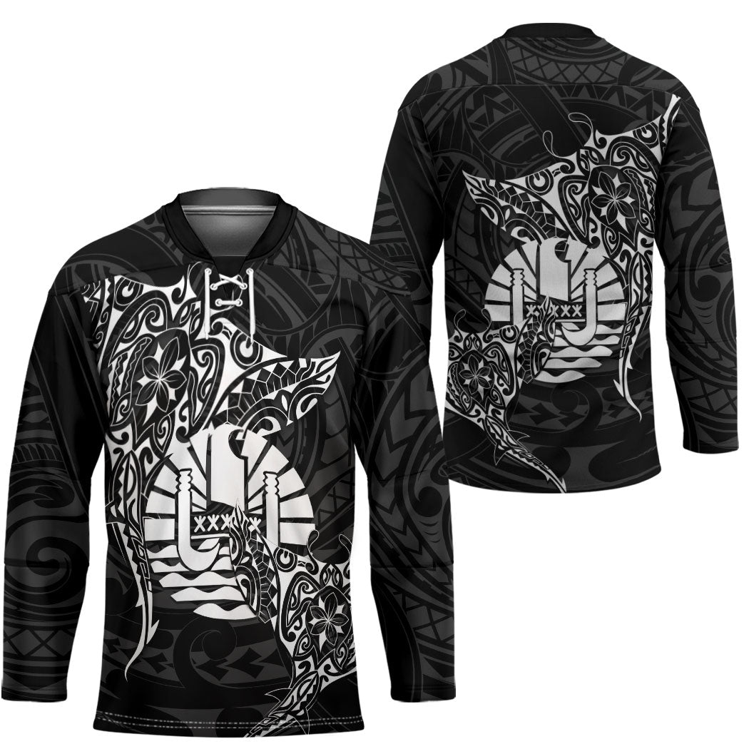 French Polynesia Manta Ray Tattoo Hockey Jersey Tahiti Hahalua Turtle Shark Black Color