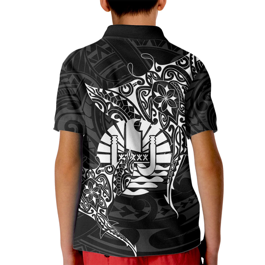 French Polynesia Manta Ray Tattoo Kid Polo Shirt Tahiti Hahalua Turtle Shark Black Color LT14 - Polynesian Pride