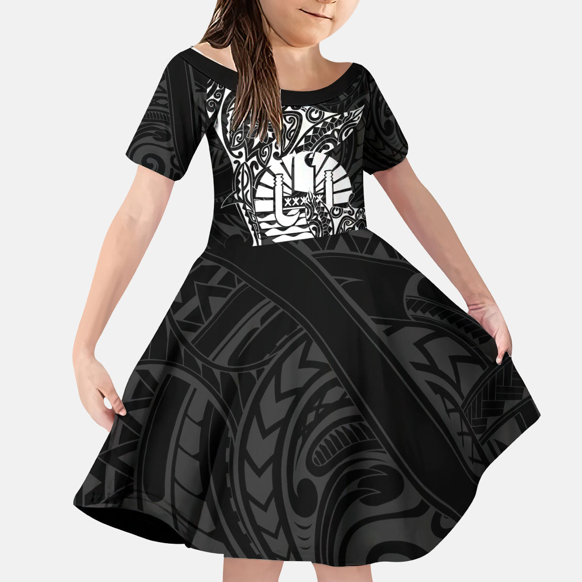 French Polynesia Manta Ray Tattoo Kid Short Sleeve Dress Tahiti Hahalua Turtle Shark Black Color LT14 KID Black - Polynesian Pride