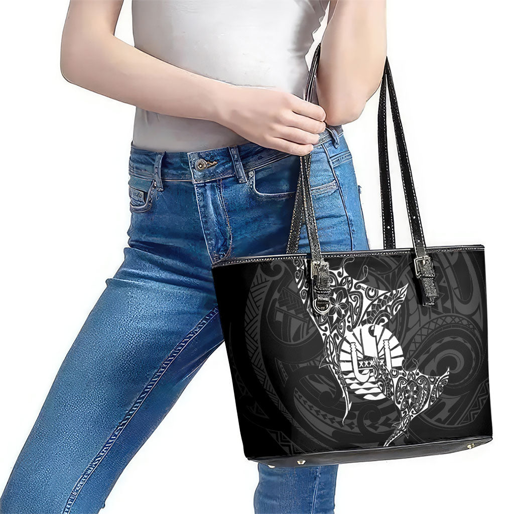 French Polynesia Manta Ray Tattoo Leather Tote Bag Tahiti Hahalua Turtle Shark Black Color