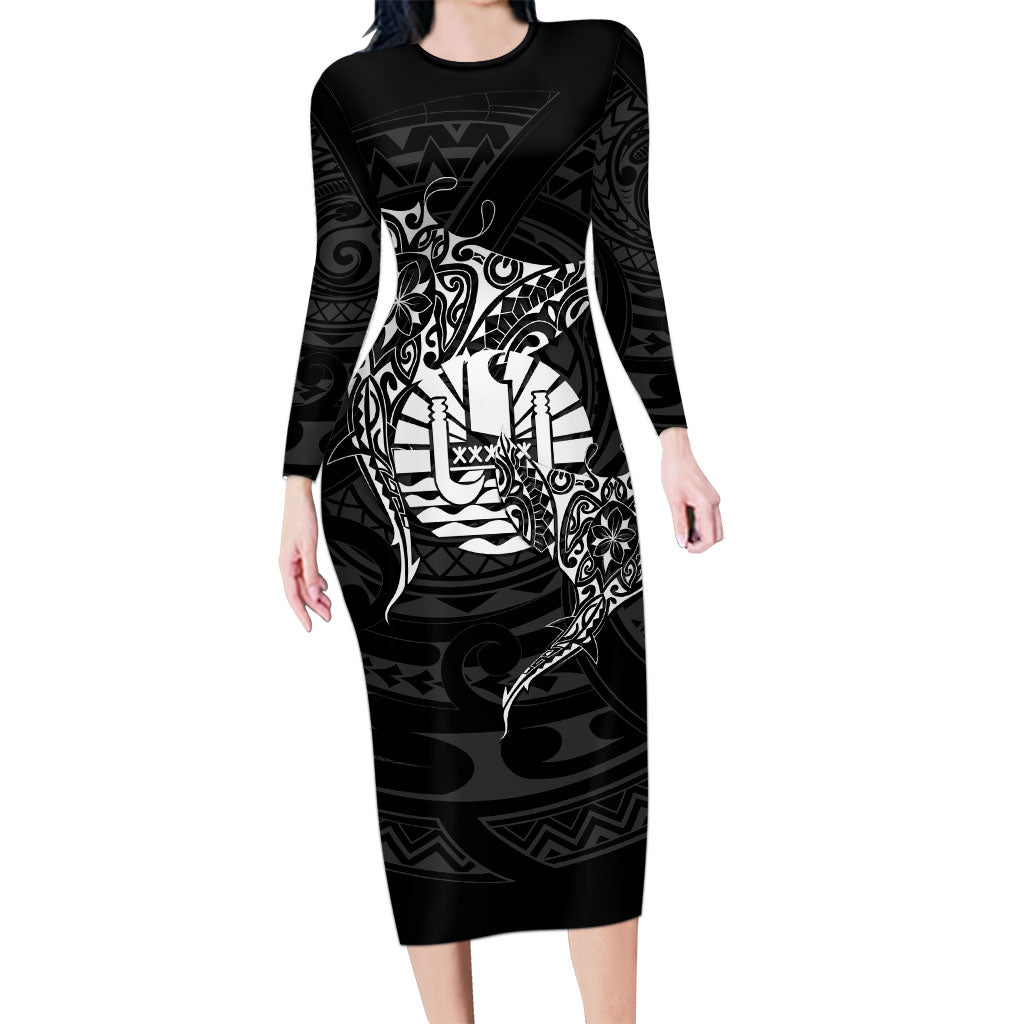 French Polynesia Manta Ray Tattoo Long Sleeve Bodycon Dress Tahiti Hahalua Turtle Shark Black Color LT14 Long Dress Black - Polynesian Pride