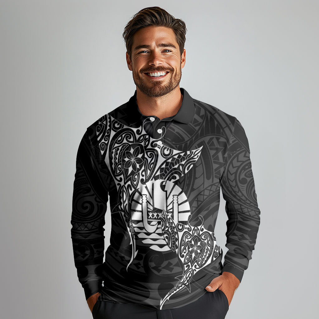French Polynesia Manta Ray Tattoo Long Sleeve Polo Shirt Tahiti Hahalua Turtle Shark Black Color LT14 - Polynesian Pride
