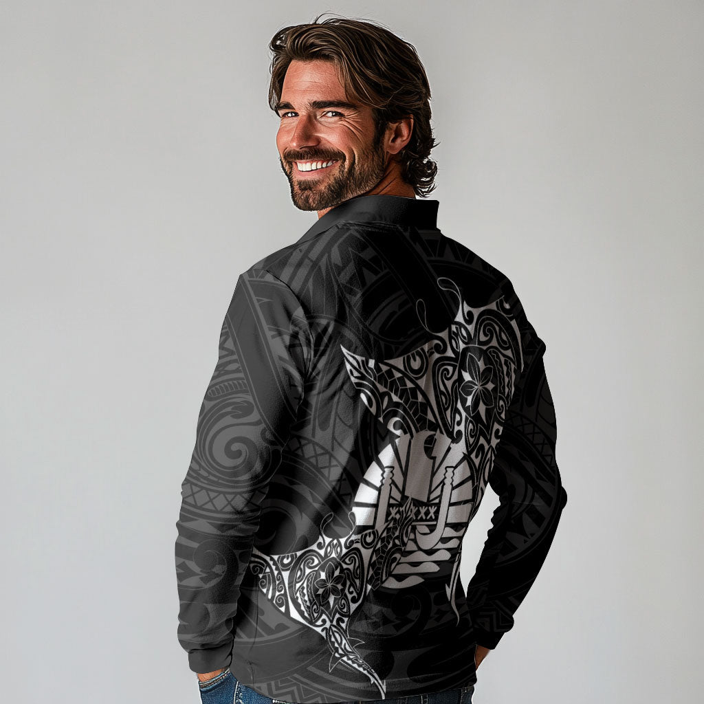 French Polynesia Manta Ray Tattoo Long Sleeve Polo Shirt Tahiti Hahalua Turtle Shark Black Color LT14 - Polynesian Pride