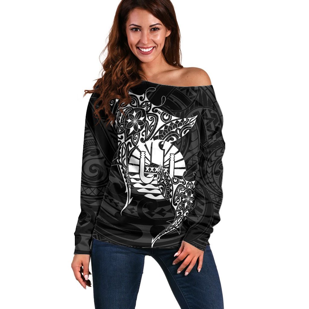 French Polynesia Manta Ray Tattoo Off Shoulder Sweater Tahiti Hahalua Turtle Shark Black Color