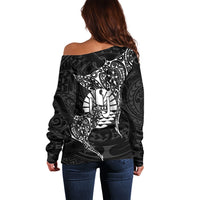 French Polynesia Manta Ray Tattoo Off Shoulder Sweater Tahiti Hahalua Turtle Shark Black Color
