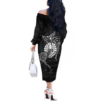 French Polynesia Manta Ray Tattoo Off The Shoulder Long Sleeve Dress Tahiti Hahalua Turtle Shark Black Color LT14 - Polynesian Pride