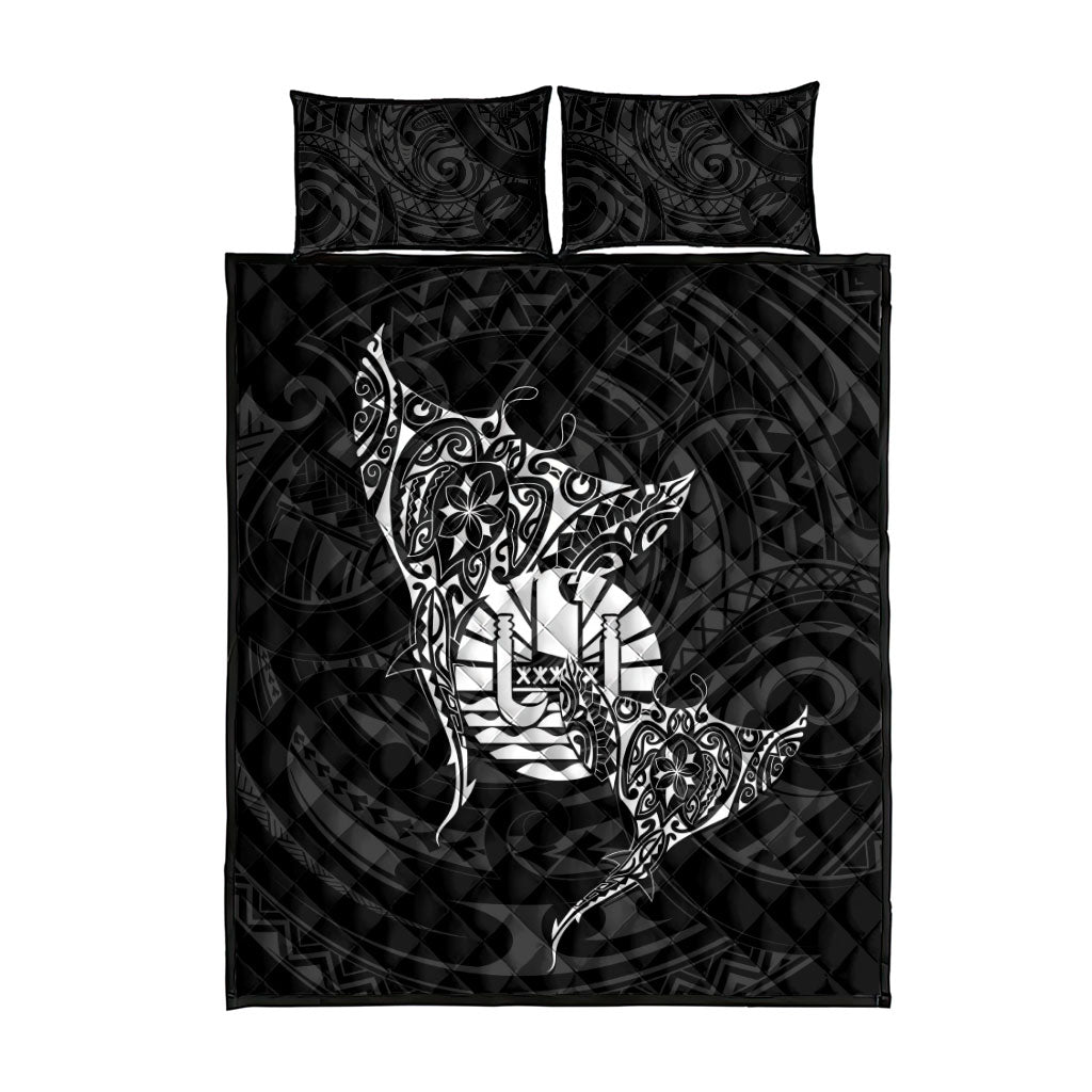 French Polynesia Manta Ray Tattoo Quilt Bed Set Tahiti Hahalua Turtle Shark Black Color